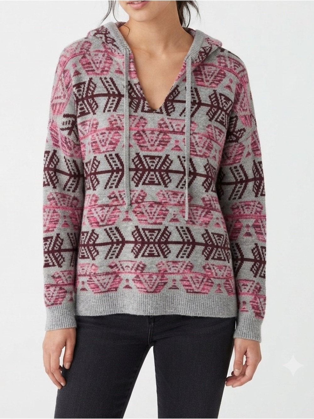 American Eagle Knit Hoodie Sweater Size S Gray Burgundy Aztec Pullover